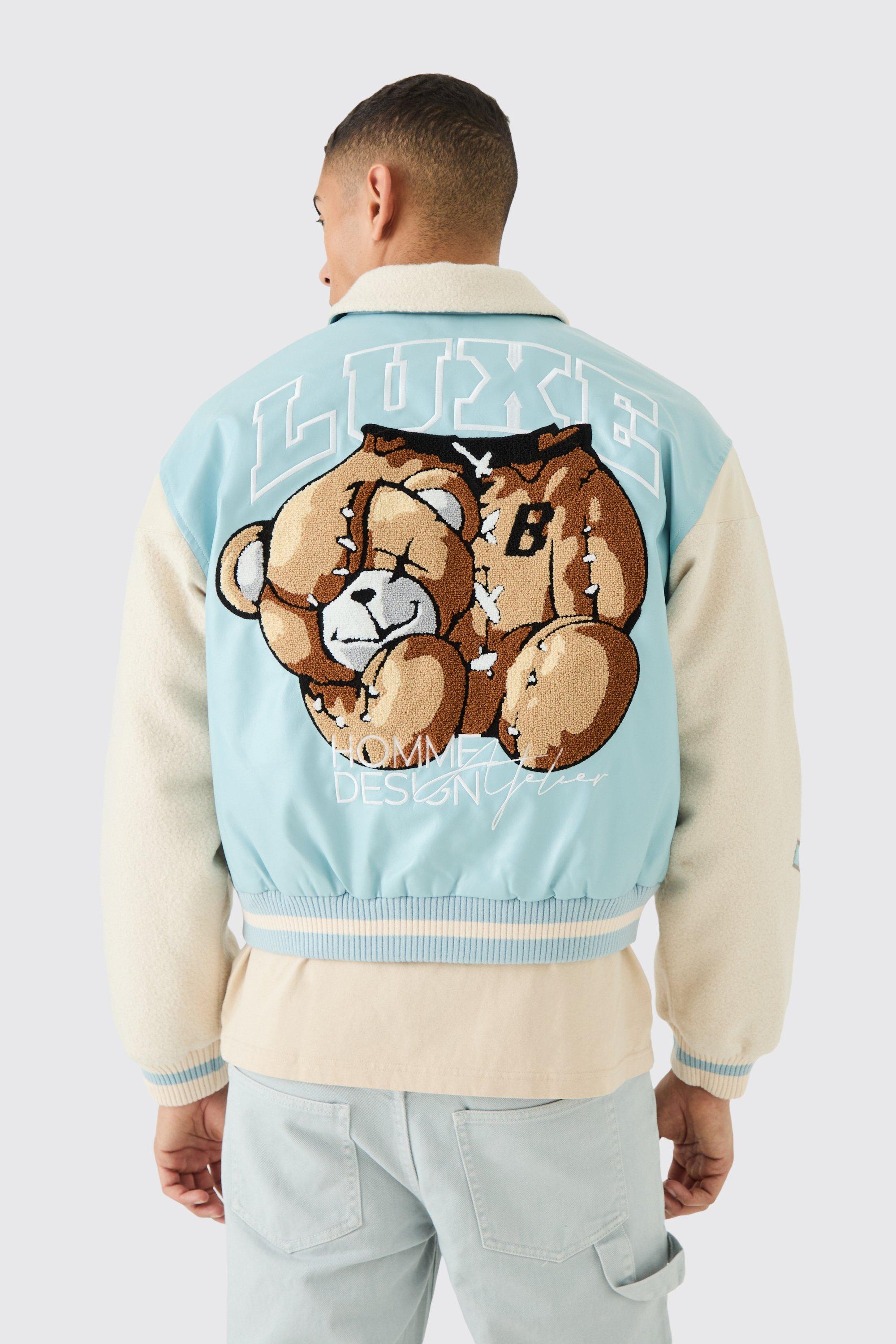 Boxy Teddy Varsity Jacket With Boucle Sleeves | boohooMAN USA